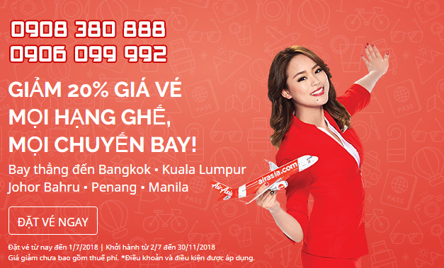 AirAsia ưu đãi giảm 20% giá vé toàn mạng bay