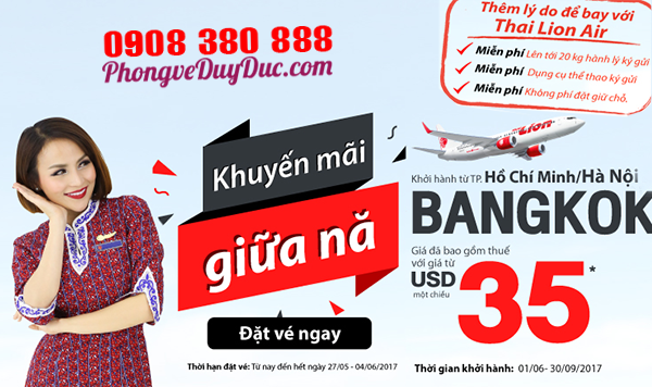Hãng Thái Lion Air khuyến mãi giữa năm đi Bangkok 35 USD